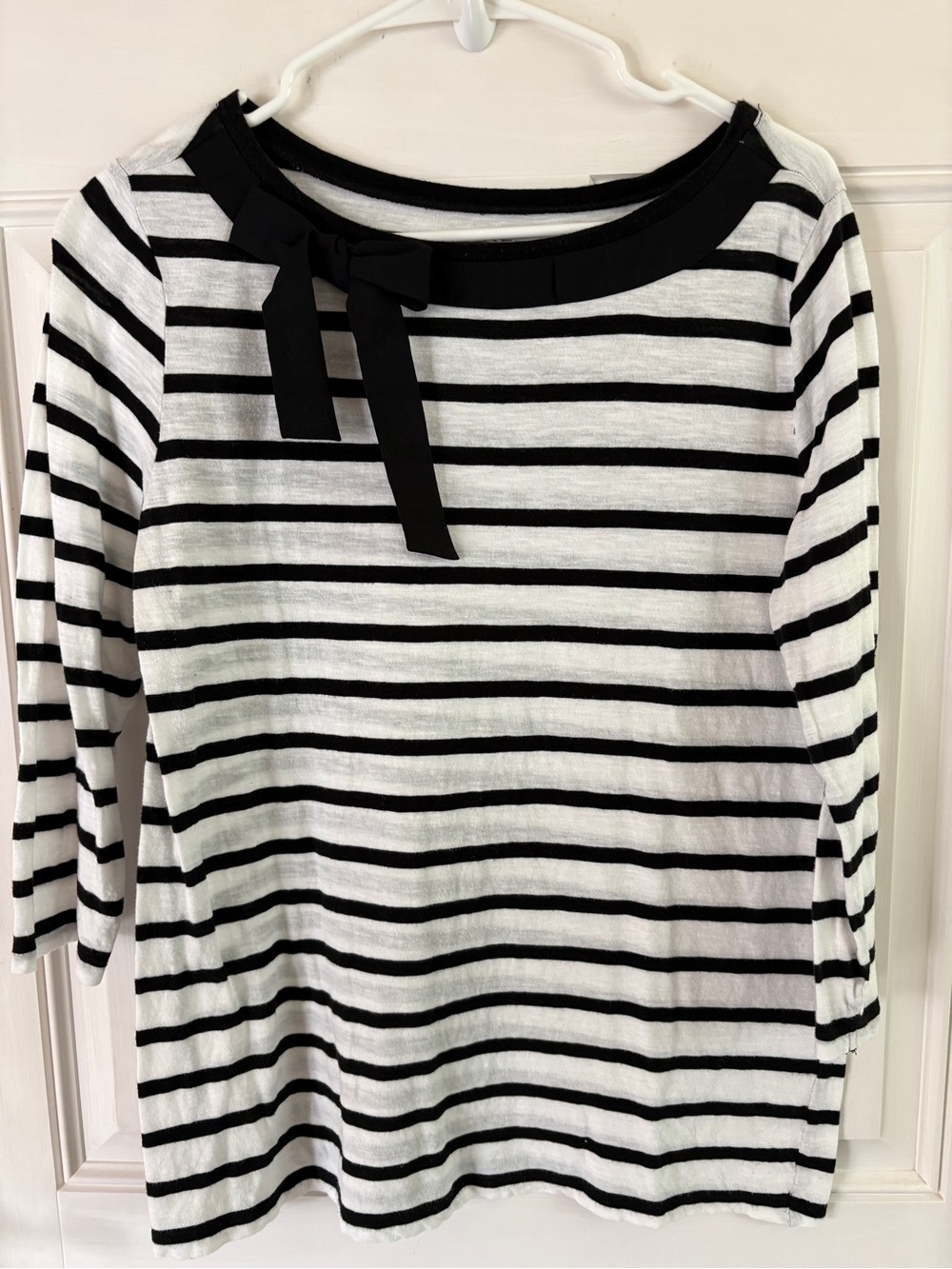 LOFT Black & White Striped Long-Sleeve Top with Neck Bow